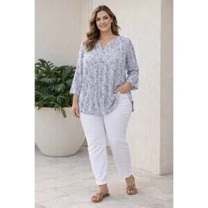 Rose & Olive Multicolor Floral Blouse Top Buttons V-Neck 3/4 Sleeves Cottage 2X